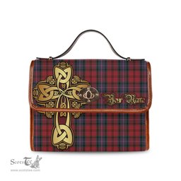 ScotsTee Shop Scottish Kelly of Sleat Red Clan Tartan Canvas Bag Golden Thistle and Celtic Cross Personalize Your Name Bag