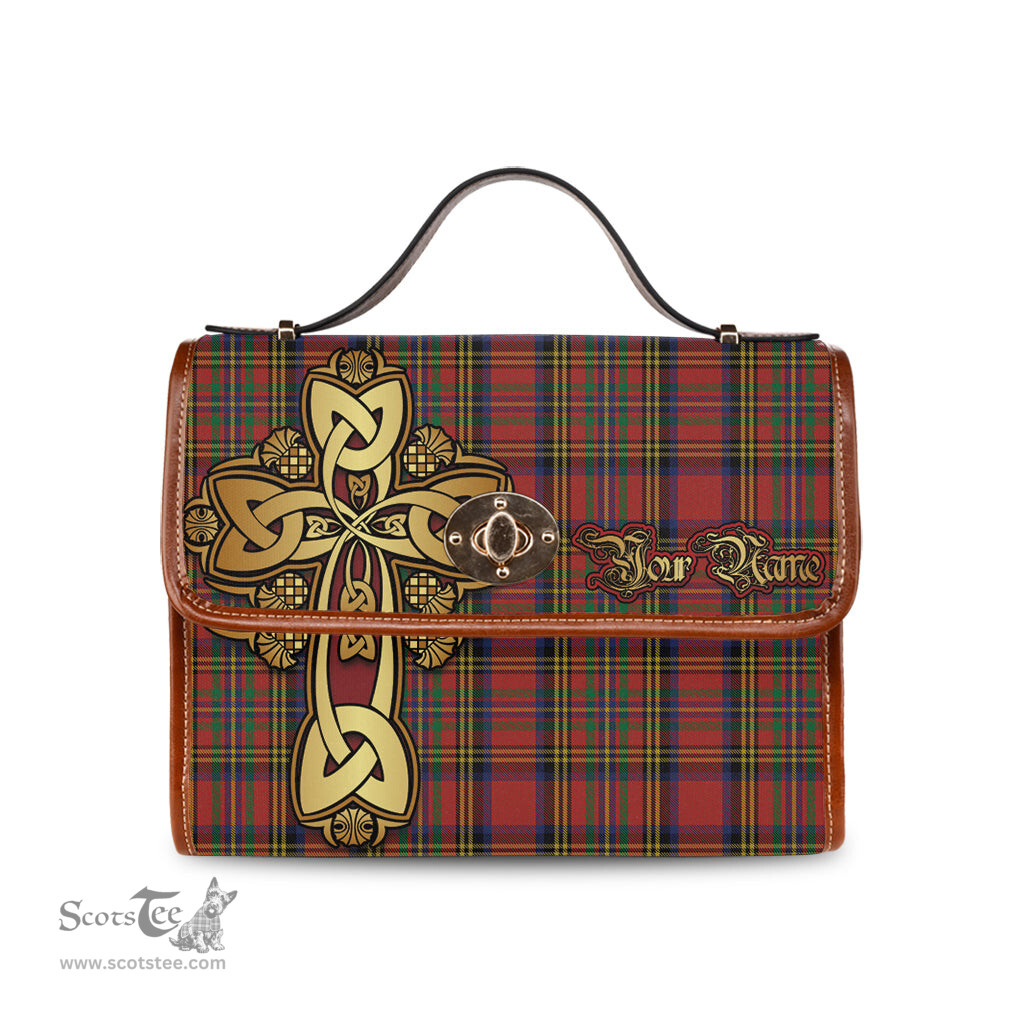 ScotsTee Shop Scottish Hepburn Clan Tartan Canvas Bag Golden Thistle and Celtic Cross Personalize Your Name Bag