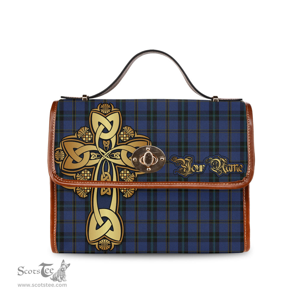 ScotsTee Shop Scottish Hope (Vere - Weir) Clan Tartan Canvas Bag Golden Thistle and Celtic Cross Personalize Your Name Bag