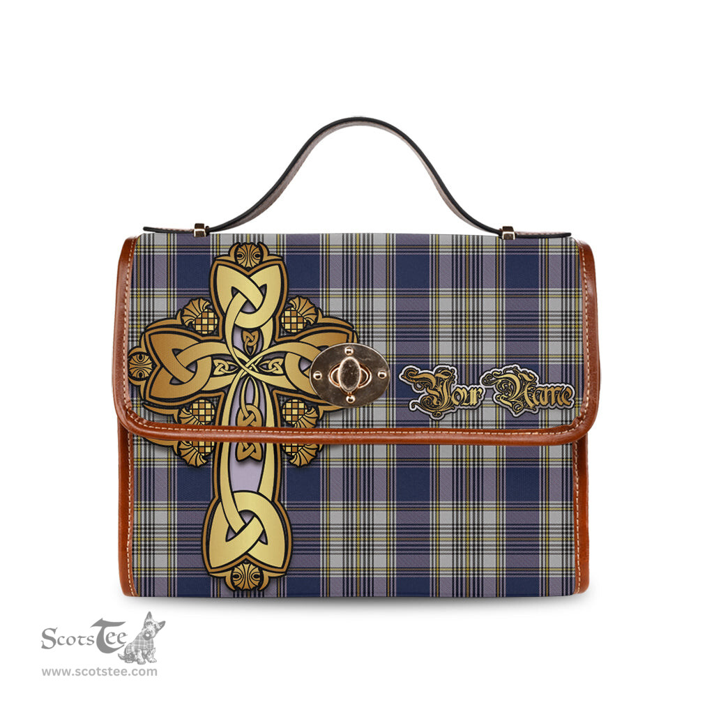 ScotsTee Shop Scottish Livingston Dress Clan Tartan Canvas Bag Golden Thistle and Celtic Cross Personalize Your Name Bag