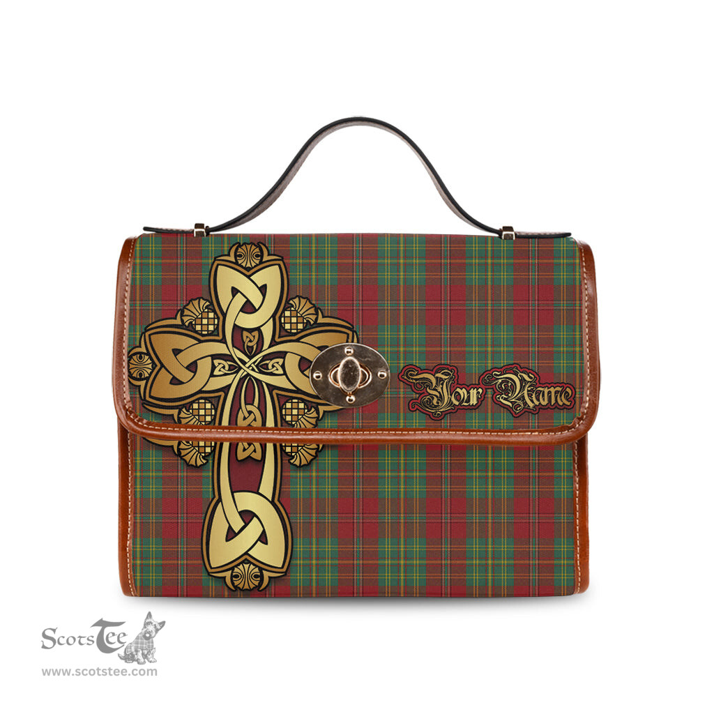 ScotsTee Shop Scottish Leask Clan Tartan Canvas Bag Golden Thistle and Celtic Cross Personalize Your Name Bag