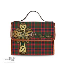 ScotsTee Shop Scottish Kinninmont Clan Tartan Canvas Bag Golden Thistle and Celtic Cross Personalize Your Name Bag