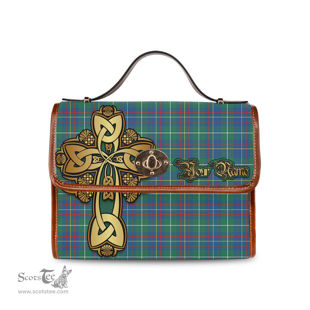 ScotsTee Shop Scottish Inglis Ancient Clan Tartan Canvas Bag Golden Thistle and Celtic Cross Personalize Your Name Bag