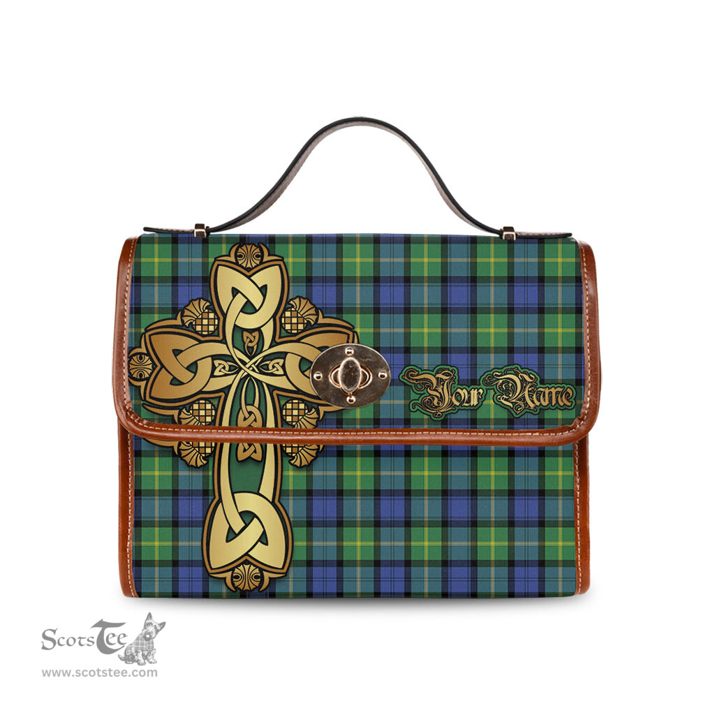 ScotsTee Shop Scottish Gordon Old Ancient Clan Tartan Canvas Bag Golden Thistle and Celtic Cross Personalize Your Name Bag