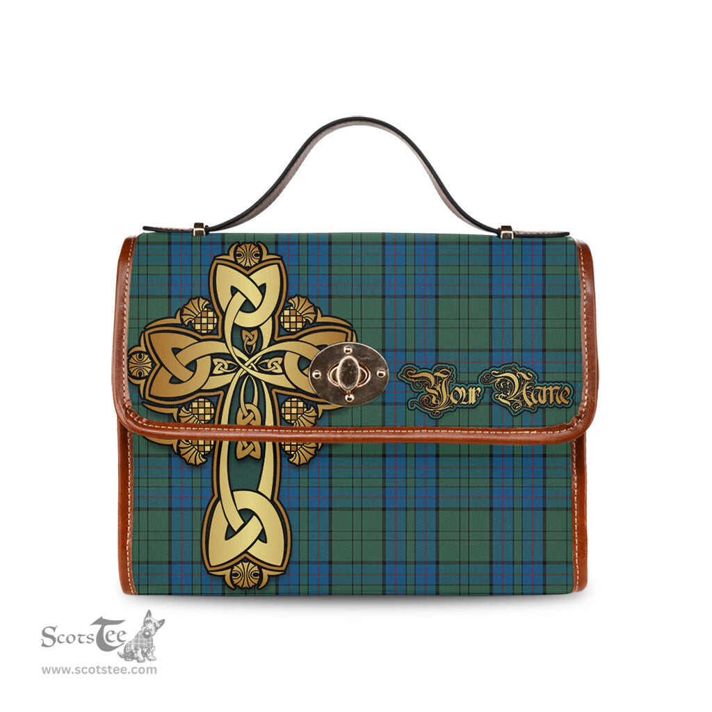 ScotsTee Shop Scottish Lockhart Clan Tartan Canvas Bag Golden Thistle and Celtic Cross Personalize Your Name Bag