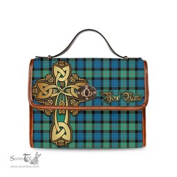 ScotsTee Shop Scottish Gunn Ancient Clan Tartan Canvas Bag Golden Thistle and Celtic Cross Personalize Your Name Bag