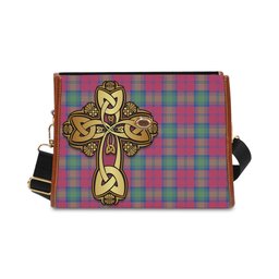 ScotsTee Shop Scottish Lindsay Ancient Clan Tartan Canvas Bag Golden Thistle and Celtic Cross Personalize Your Name Bag