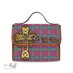 ScotsTee Shop Scottish Lindsay Ancient Clan Tartan Canvas Bag Golden Thistle and Celtic Cross Personalize Your Name Bag