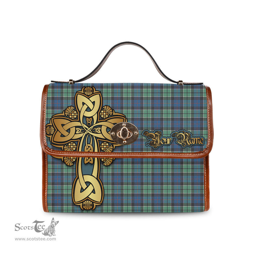 ScotsTee Shop Scottish Leslie Hunting Ancient Clan Tartan Canvas Bag Golden Thistle and Celtic Cross Personalize Your Name Bag