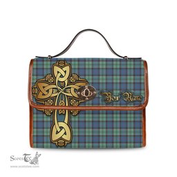 ScotsTee Shop Scottish Leslie Hunting Ancient Clan Tartan Canvas Bag Golden Thistle and Celtic Cross Personalize Your Name Bag
