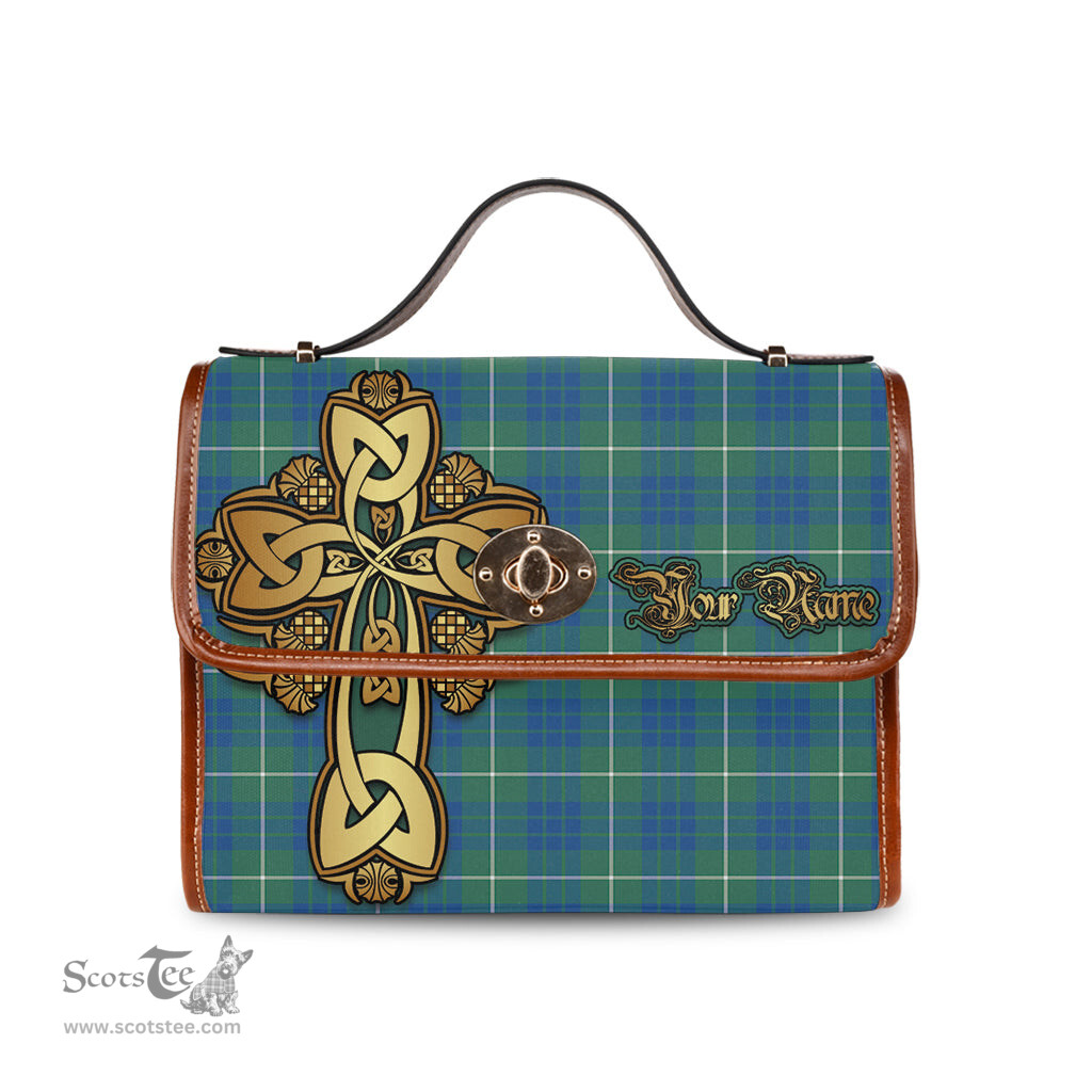 ScotsTee Shop Scottish Hamilton Hunting Ancient Clan Tartan Canvas Bag Golden Thistle and Celtic Cross Personalize Your Name Bag