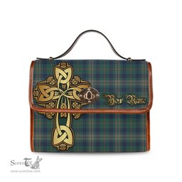 ScotsTee Shop Scottish Kennedy Modern Clan Tartan Canvas Bag Golden Thistle and Celtic Cross Personalize Your Name Bag