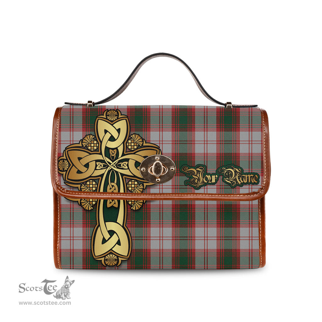 ScotsTee Shop Scottish Lindsay Dress Red Clan Tartan Canvas Bag Golden Thistle and Celtic Cross Personalize Your Name Bag