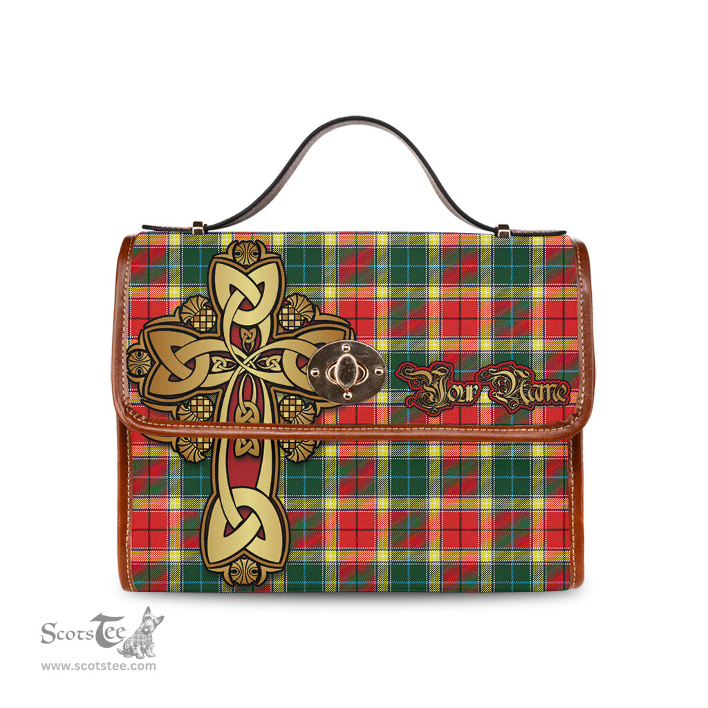 ScotsTee Shop Scottish Gibsone (Gibson - Gibbs) Clan Tartan Canvas Bag Golden Thistle and Celtic Cross Personalize Your Name Bag