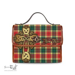 ScotsTee Shop Scottish Gibsone (Gibson - Gibbs) Clan Tartan Canvas Bag Golden Thistle and Celtic Cross Personalize Your Name Bag