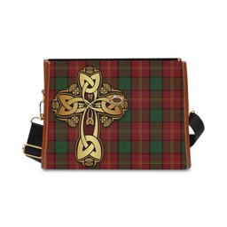 ScotsTee Shop Scottish Kirk Clan Tartan Canvas Bag Golden Thistle and Celtic Cross Personalize Your Name Bag