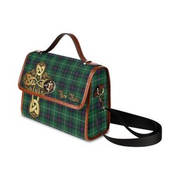 ScotsTee Shop Scottish MacDonald of The Isles Clan Tartan Canvas Bag Golden Thistle and Celtic Cross Personalize Your Name Bag