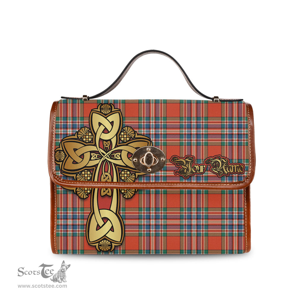 ScotsTee Shop Scottish MacFarlane Ancient Clan Tartan Canvas Bag Golden Thistle and Celtic Cross Personalize Your Name Bag