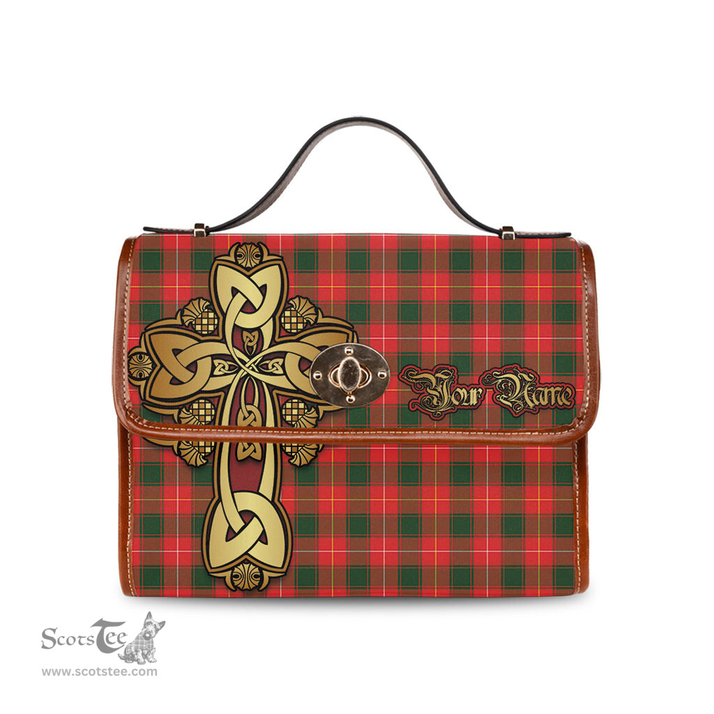 ScotsTee Shop Scottish MacFie Modern Clan Tartan Canvas Bag Golden Thistle and Celtic Cross Personalize Your Name Bag