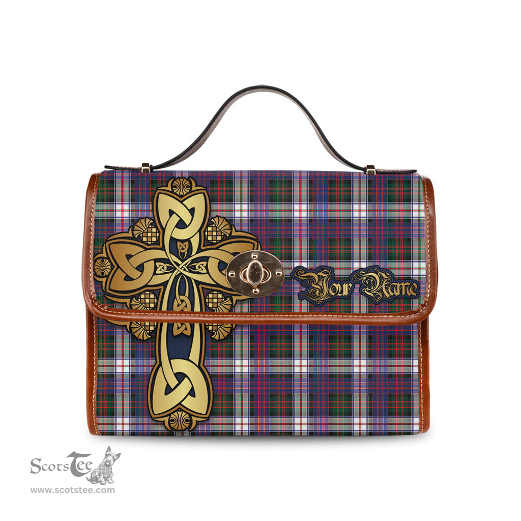 ScotsTee Shop Scottish MacDonald Dress Modern Clan Tartan Canvas Bag Golden Thistle and Celtic Cross Personalize Your Name Bag