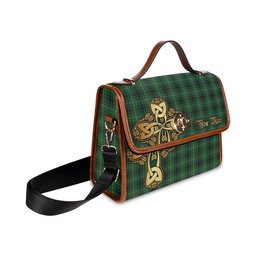 ScotsTee Shop Scottish MacArthur Clan Tartan Canvas Bag Golden Thistle and Celtic Cross Personalize Your Name Bag