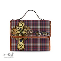 ScotsTee Shop Scottish MacFarlane Dress Clan Tartan Canvas Bag Golden Thistle and Celtic Cross Personalize Your Name Bag