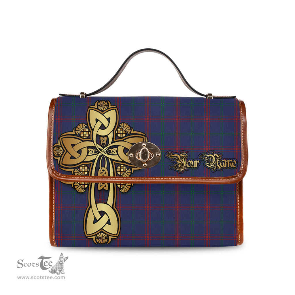 ScotsTee Shop Scottish Lynch Clan Tartan Canvas Bag Golden Thistle and Celtic Cross Personalize Your Name Bag