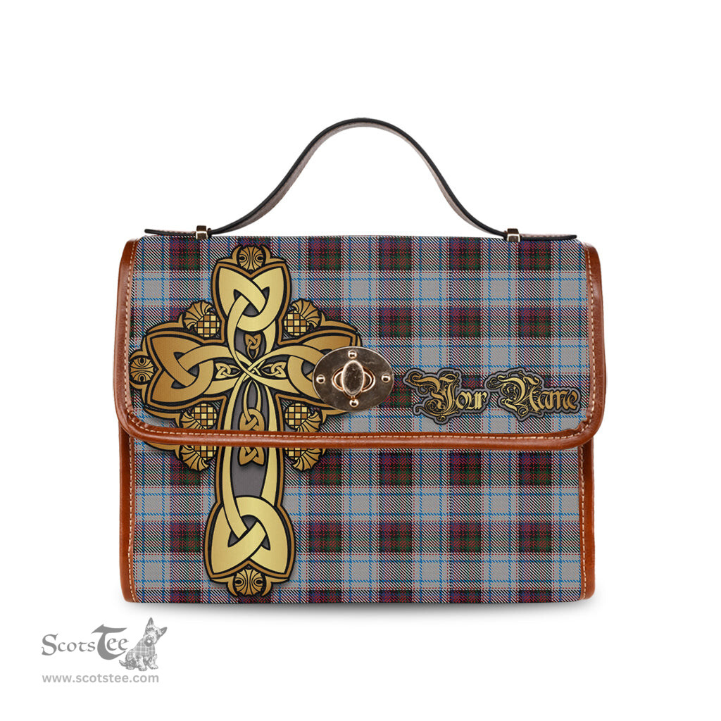 ScotsTee Shop Scottish MacDonald Dress Ancient Clan Tartan Canvas Bag Golden Thistle and Celtic Cross Personalize Your Name Bag