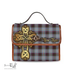 ScotsTee Shop Scottish MacDonald Dress Ancient Clan Tartan Canvas Bag Golden Thistle and Celtic Cross Personalize Your Name Bag