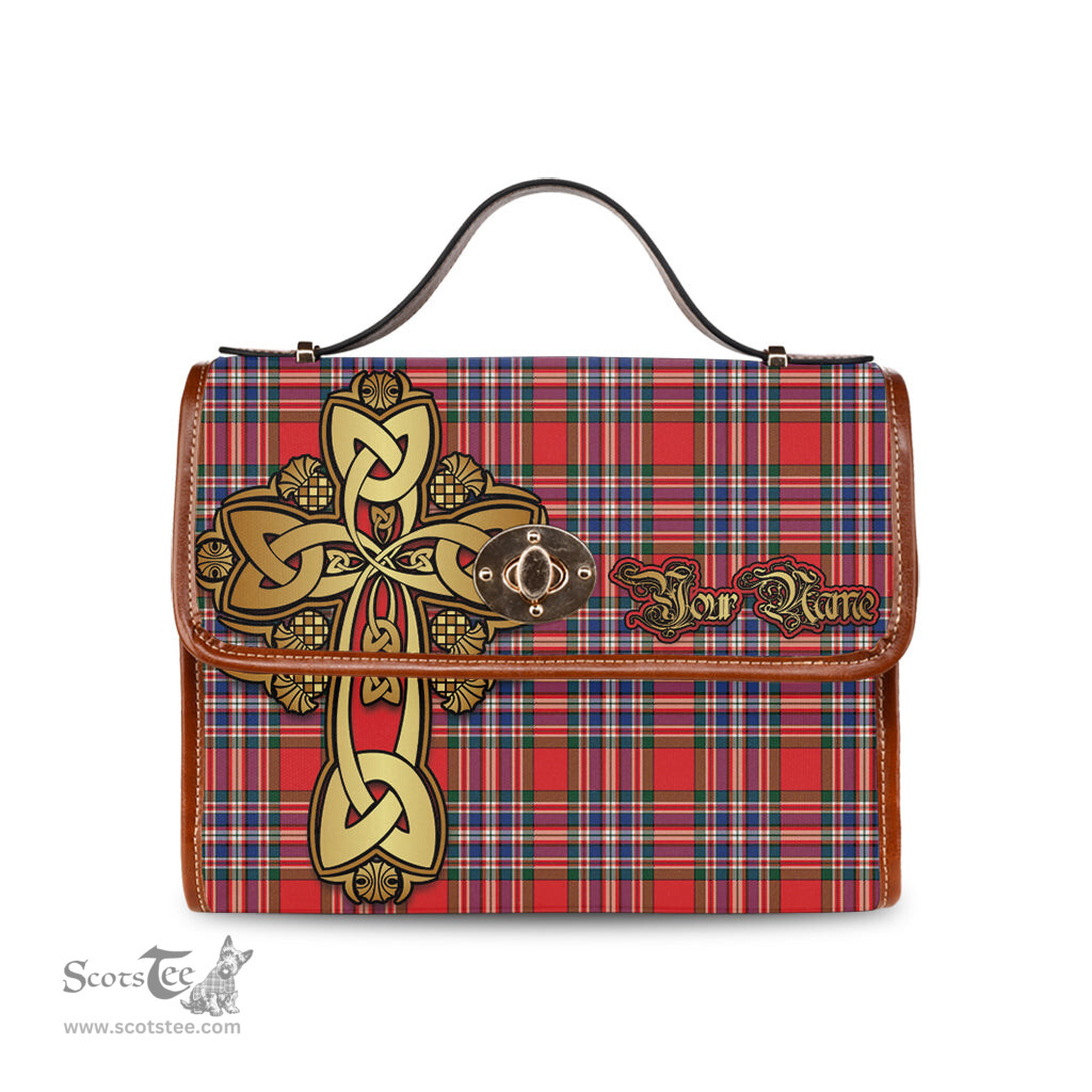 ScotsTee Shop Scottish MacFarlane Modern Clan Tartan Canvas Bag Golden Thistle and Celtic Cross Personalize Your Name Bag