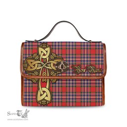 ScotsTee Shop Scottish MacFarlane Modern Clan Tartan Canvas Bag Golden Thistle and Celtic Cross Personalize Your Name Bag