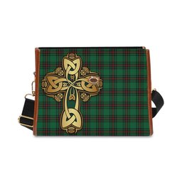 ScotsTee Shop Scottish Logie Clan Tartan Canvas Bag Golden Thistle and Celtic Cross Personalize Your Name Bag
