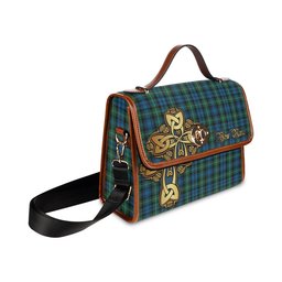 ScotsTee Shop Scottish Lyon Clan Tartan Canvas Bag Golden Thistle and Celtic Cross Personalize Your Name Bag