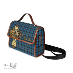ScotsTee Shop Scottish MacCorquodale Clan Tartan Canvas Bag Golden Thistle and Celtic Cross Personalize Your Name Bag