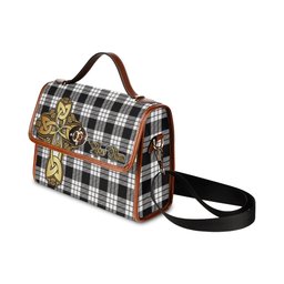 ScotsTee Shop Scottish MacFarlane Black White Clan Tartan Canvas Bag Golden Thistle and Celtic Cross Personalize Your Name Bag