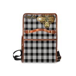 ScotsTee Shop Scottish MacFarlane Black White Clan Tartan Canvas Bag Golden Thistle and Celtic Cross Personalize Your Name Bag