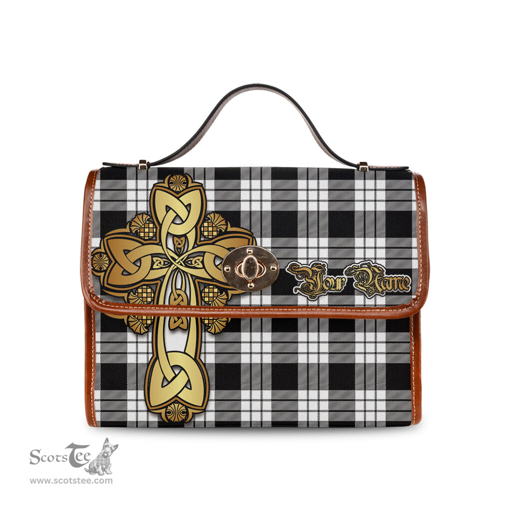 ScotsTee Shop Scottish MacFarlane Black White Clan Tartan Canvas Bag Golden Thistle and Celtic Cross Personalize Your Name Bag