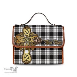 ScotsTee Shop Scottish MacFarlane Black White Clan Tartan Canvas Bag Golden Thistle and Celtic Cross Personalize Your Name Bag