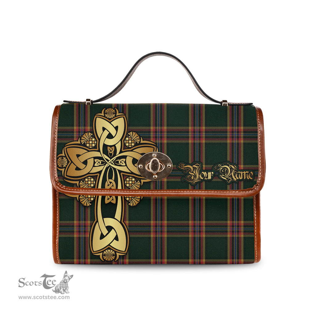 ScotsTee Shop Scottish Moran Family Ubique Clan Tartan Canvas Bag Golden Thistle and Celtic Cross Personalize Your Name Bag