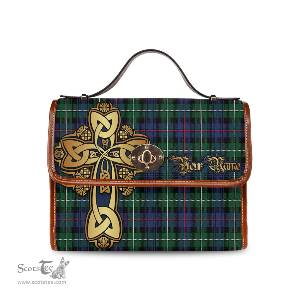ScotsTee Shop Scottish MacKenzie Modern Clan Tartan Canvas Bag Golden Thistle and Celtic Cross Personalize Your Name Bag