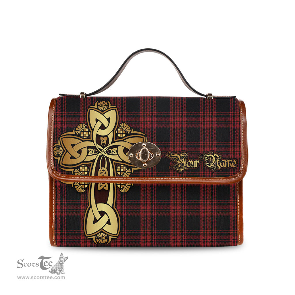 ScotsTee Shop Scottish Menzies Hunting Clan Tartan Canvas Bag Golden Thistle and Celtic Cross Personalize Your Name Bag