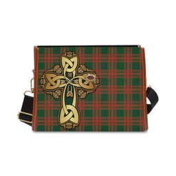 ScotsTee Shop Scottish Menzies Green Modern Clan Tartan Canvas Bag Golden Thistle and Celtic Cross Personalize Your Name Bag