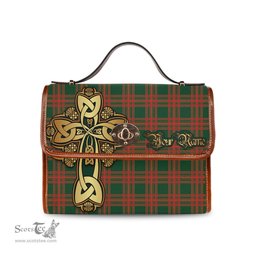 ScotsTee Shop Scottish Menzies Green Modern Clan Tartan Canvas Bag Golden Thistle and Celtic Cross Personalize Your Name Bag