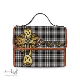 ScotsTee Shop Scottish Menzies Black and White Clan Tartan Canvas Bag Golden Thistle and Celtic Cross Personalize Your Name Bag