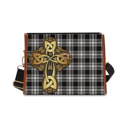ScotsTee Shop Scottish Menzies Black and White Clan Tartan Canvas Bag Golden Thistle and Celtic Cross Personalize Your Name Bag