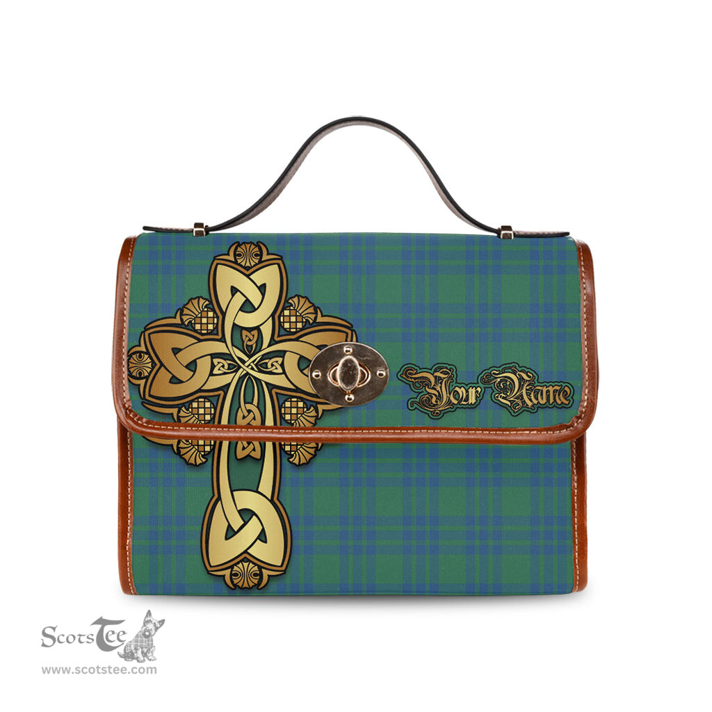 ScotsTee Shop Scottish Montgomery Ancient Clan Tartan Canvas Bag Golden Thistle and Celtic Cross Personalize Your Name Bag