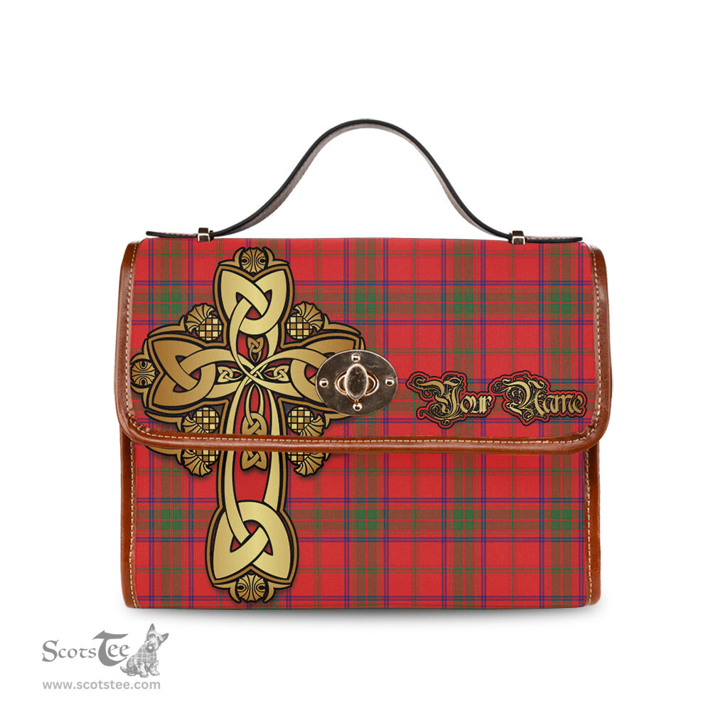 ScotsTee Shop Scottish Ross Modern Clan Tartan Canvas Bag Golden Thistle and Celtic Cross Personalize Your Name Bag