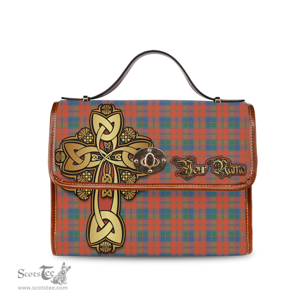 ScotsTee Shop Scottish Robertson Ancient Clan Tartan Canvas Bag Golden Thistle and Celtic Cross Personalize Your Name Bag