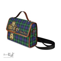 ScotsTee Shop Scottish Meldrum Clan Tartan Canvas Bag Golden Thistle and Celtic Cross Personalize Your Name Bag