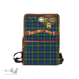 ScotsTee Shop Scottish Meldrum Clan Tartan Canvas Bag Golden Thistle and Celtic Cross Personalize Your Name Bag